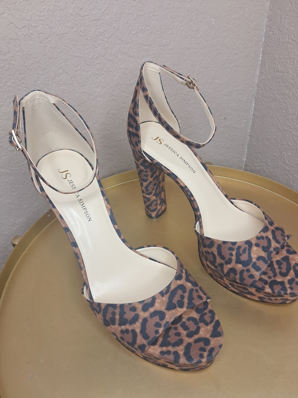 Jessica Simpson Leopard Print Ankle Strap Platform Heels - Brown